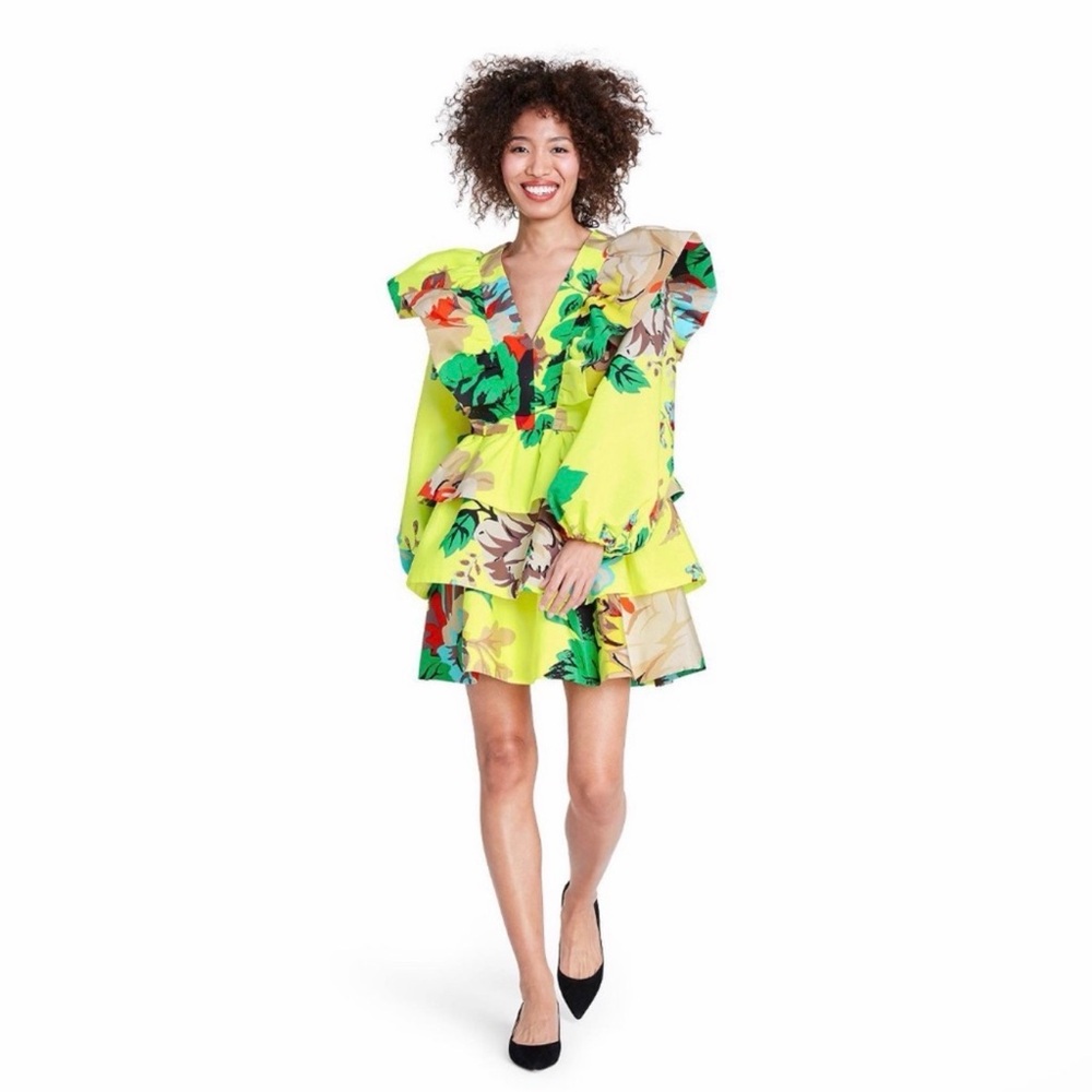 Christopher John Rogers Neon Yellow Floral Mini Dress
